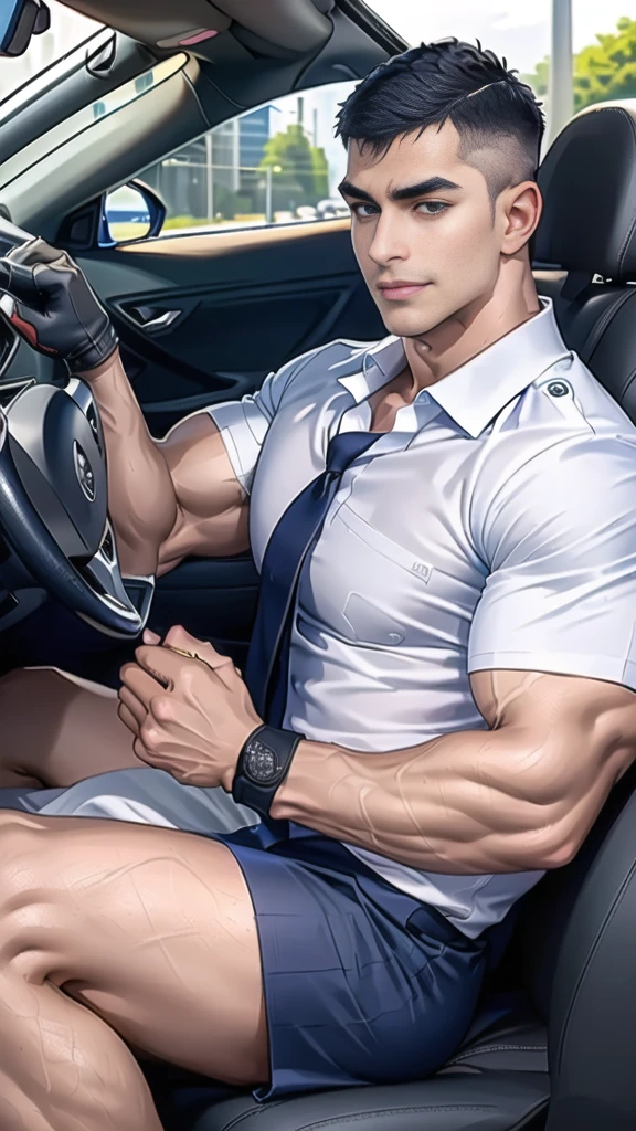 (Create a masterpiece: 1.2),(CGI art:1.3),(realistic:1.5),(After processing:1.3),(Sharp focus:1.3), 1 man holds the steering wheel of a car ,(crew cut short hair:1.8),black eye, smile,(navy police uniform outsite :1.5),(shirt short sleeves:1.5),collar,(shirt covered over:1.2),(name tag and Police badge:1.3),(shirt no buttons:1.1),(black_gloves:1.3),
(Navy blue cargo:1.2), Korean guy , korean men, (High gloss details), chest muscles, large arm muscles, blood vessel, Big muscles, Broad shoulders, looking at the audience, Balancing the eyes, middle of the road, (drive a car: 1.5), (in the car: 1.3), , middle of the road