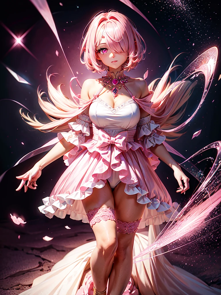 Morganite Gemstones, Pink Gemstone Necklace ((Masterpiece)). (high quality). fullbody(1 girl)((hair over one eyes:1.5)),light pink hair.under cut,,very short back hair,,long sideburns,asymmetry bangs,long bangs,blackeyes,half eye,18-year-old girl.eyeshadow, eyeliner,glow eyes, hyper detailed eyes, intricate eyes, beautiful eyes, ((glowing pink pupils))18-year-old girl。 Pink party dress. Morganite gemstone background.