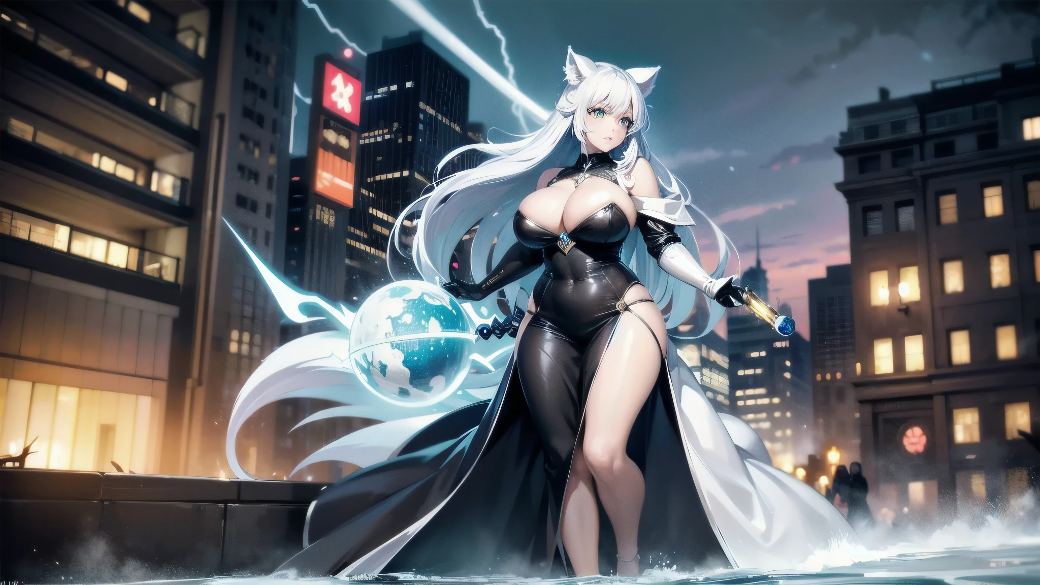 best quality, expressive eyes, perfect face, silver opal lightning storm, post apocalyptic city, holding magic globe, thicc huge busty wolf girl, wallpaper art, very detailed eyes, anime style, full body art, victorian dress, cleavage,