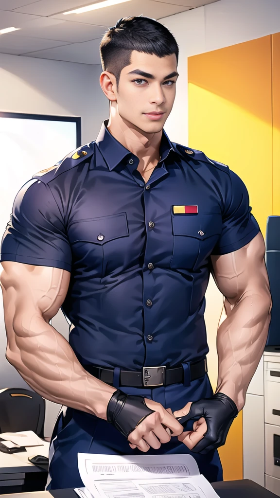 handsome man,(crew cut short hair:1.6),black eye,smile,open mouth,
(navy police uniform outsite :1.5),(shirt short sleeves:1.5),collar,(shirt covered over:1.2),(shirt no buttons:1.1),(black_gloves:1.3),
(Navy blue cargo:1.2),Korean guy,korean men,(High gloss details),(chest muscles:1.2),(large arm muscles:1.2),blood vessel,Big muscles,Broad shoulders,looking at the audience,Balancing the eyes
(in office:1.5),