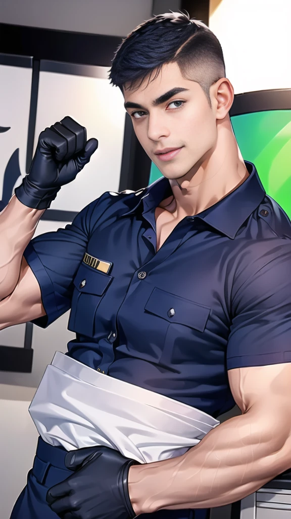 handsome man,(crew cut short hair:1.6),black eye,smile,open mouth,
(navy police uniform outsite :1.5),(shirt short sleeves:1.5),collar,(shirt covered over:1.2),(shirt no buttons:1.1),(black_gloves:1.3),
(Navy blue cargo:1.2),Korean guy,korean men,(High gloss details),(chest muscles:1.2),(large arm muscles:1.2),blood vessel,Big muscles,Broad shoulders,looking at the audience,Balancing the eyes
(in office:1.5),