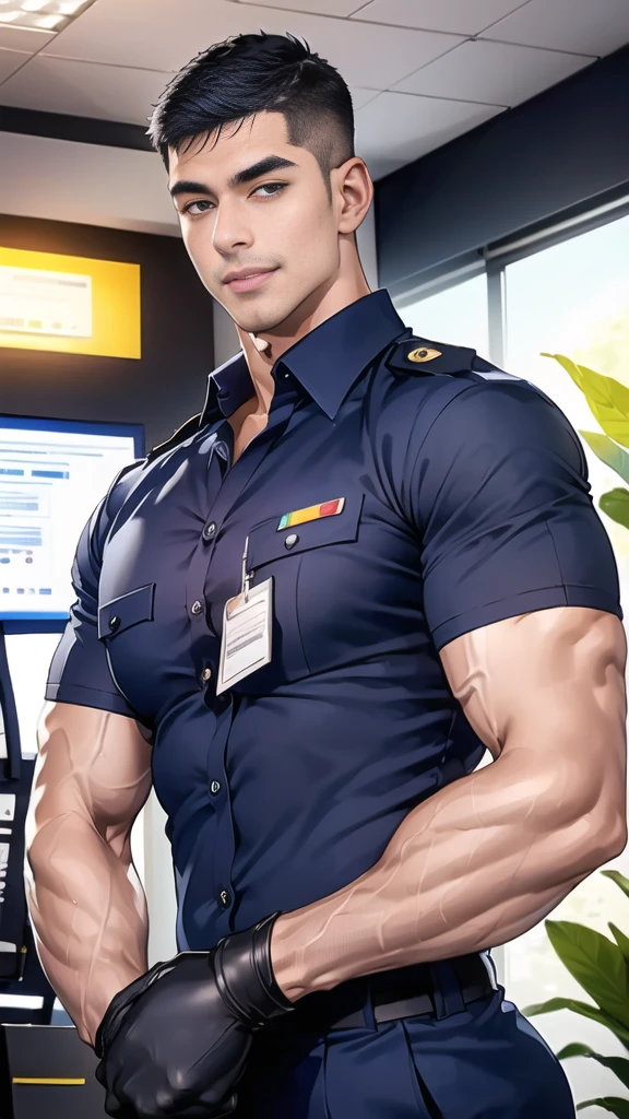 handsome man,(crew cut short hair:1.6),black eye,smile,open mouth,
(navy police uniform outsite :1.5),(shirt short sleeves:1.5),collar,(shirt covered over:1.2),(shirt no ons:1.1),(black_gloves:1.3),
(Navy blue cargo:1.2),Korean guy,korean men,(High gloss details),(chest muscles:1.2),(large arm muscles:1.2),blood vessel,Big muscles,Broad shoulders,looking at the audience,Balancing the eyes
(in office:1.5),