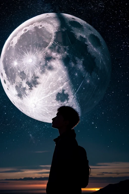 Highest quality,Big moon and shadow,A silhouette of a person can be seen against the backdrop of a large moon.,There is one full moon,There is a mood,Beautiful scenery,Starry Sky