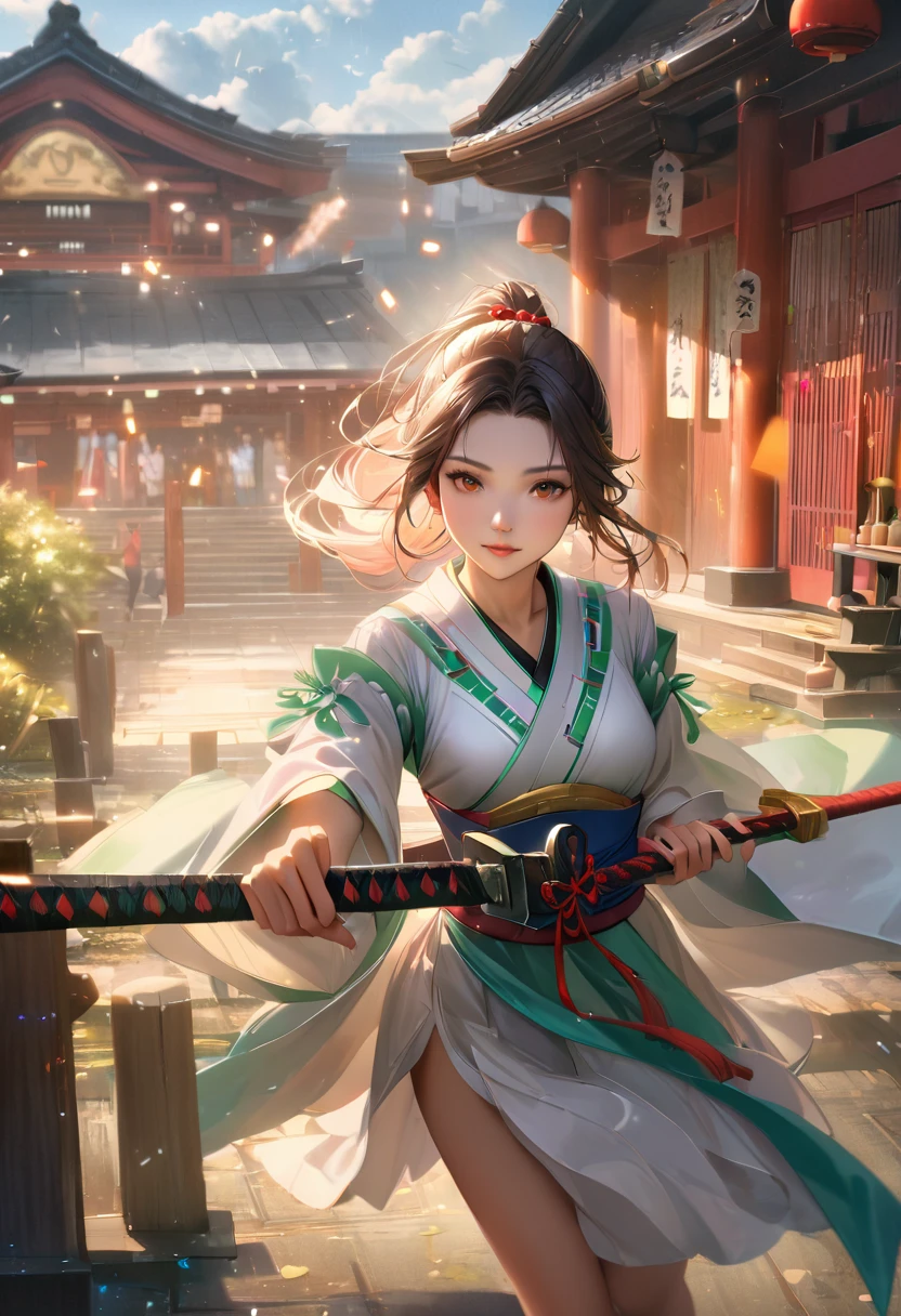 Shrine grounds, Clear sky with white clouds, Shrine maiden, Blur the background,young woman,ponytail,Holding a Japanese sword,Glitter effect,Highest quality, 8K, High resolution, masterpiece:1.2, Very detailed, Realistic:1.37, High resolution, 超High resolution, Ultra-fine painting, Very detailed, Professional, Vibrant colors