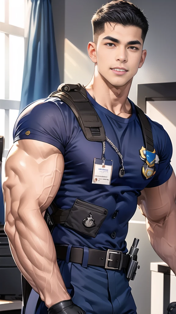 handsome man,(crew cut short hair:1.6),black eye,smile,open mouth,
(navy police uniform outsite :1.5),(shirt short sleeves:1.5),(black_gloves:1.3),
(Navy blue cargo:1.2),Korean guy,korean men,(High gloss details),(chest muscles:1.2),(large arm muscles:1.2),blood vessel,Big muscles,Broad shoulders,looking at the audience,Balancing the eyes,(backpack:1.3)
(in office:1.5) ,(navy Cotton Mask:1.3)