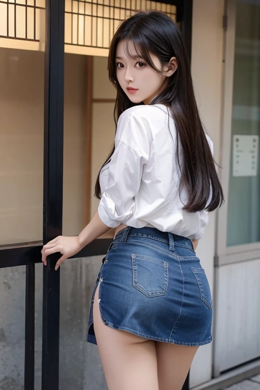 (((best image quality、highest quality、At 32K、ticker、RAW photo、very clear image、very clear image quality、pieces fly, highest quality: 1.4、,dream,the soul shines、Super detailed, figure, looks slutty, ))), 1 girl, 21 years old, RAW photo, professional photography, portrait, soft light, professional lighting, alone, 笑face, close, face, close, cute, girly, goddess, delicate girl, Neat beauty, Digital single-lens reflex camera, avert your eyes, Frank, Sophisticated, film grain, (目とfaceの詳細:1.0), Medium hair swaying in the wind, silk blouse、(((backwards、Stooping posture 1.2、Stick your ass out 1.4、put one's hands on the wall、Bowing posture seen from behind、Angle 1 from below.4、low angle 1.3、)))
