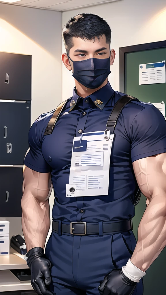 handsome man,(crew cut short hair:1.6),black eye,smile,open mouth,
(navy police uniform outsite :1.5),(shirt short sleeves:1.5),(black_gloves:1.3),
(Navy blue cargo:1.2),Korean guy,korean men,(High gloss details),(chest muscles:1.2),(large arm muscles:1.2),blood vessel,Big muscles,Broad shoulders,looking at the audience,Balancing the eyes,(backpack:1.3)
(in office:1.5) ,(navy Cotton Mask:1.3)