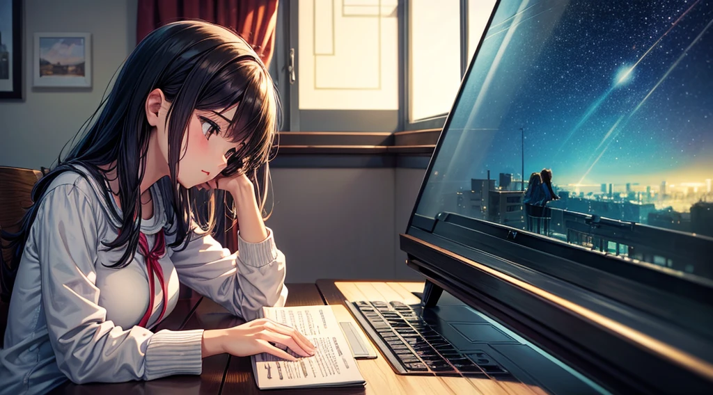 Lofi music anime illustration, Close up of, Girl reading a book in the room, With the piano, Laptop,  Afternoon view, Listen to music while studying, The atmosphere is nice but the room is a bit dark