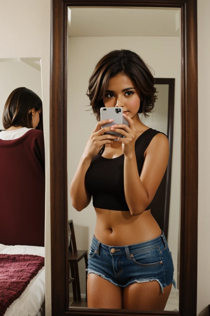 a brunette mexican girl with short brown hair taking a photo with a cell phone in the mirror
