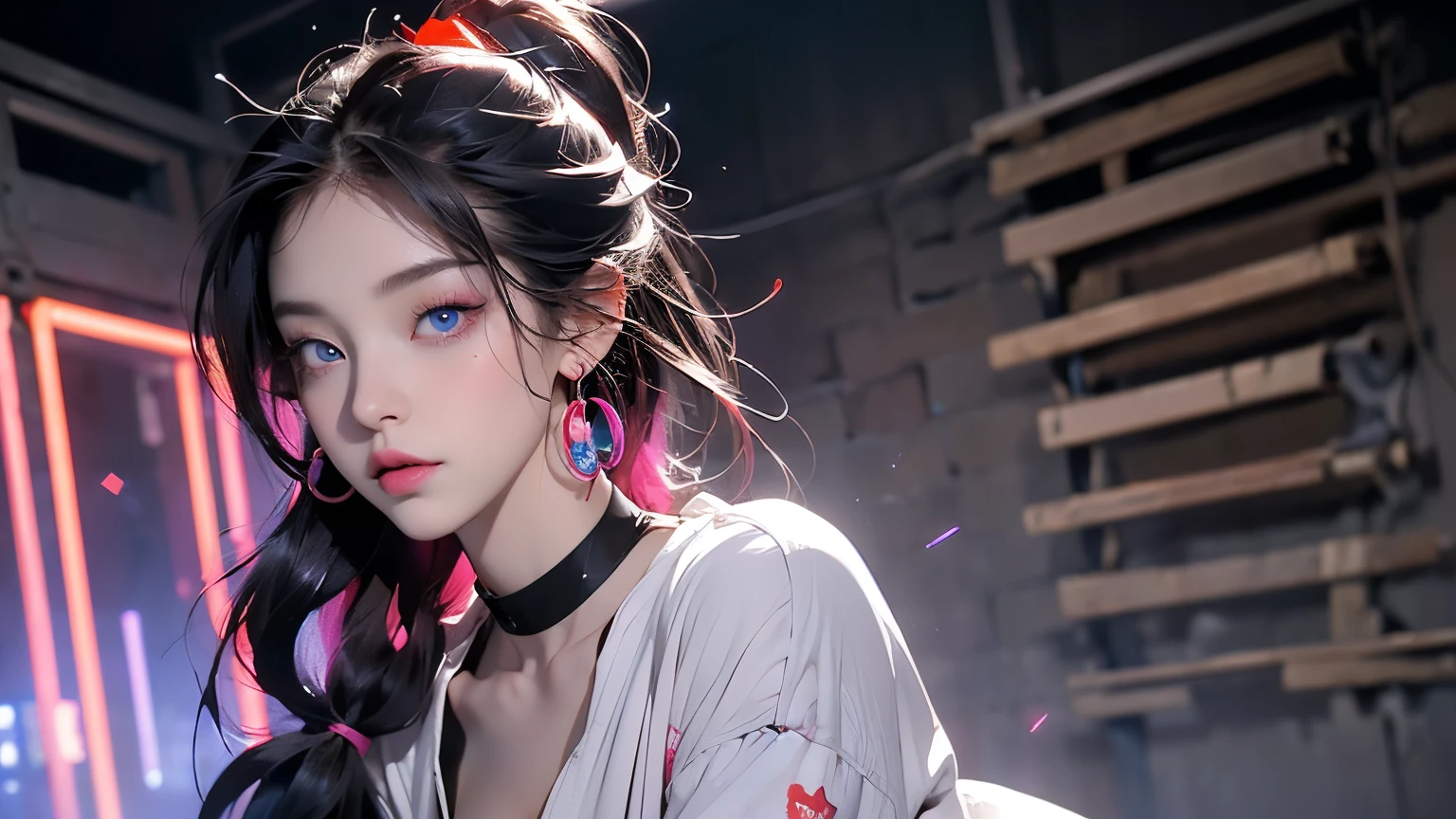 Hair above one eye, Red eyes, Clear Eyes, choker, Neon Shirt, Torn legwear, Open jacket, Against the wall, Brick wall, Shineing grafiti, Shineing tattoos, Shine, Neon Light, Black light,Anime Style, movieポートレート写真, 1 female, 22 years ago, Esbian all over,Blue Eyes Background, Big and ample breasts, anger, (Scarlet Hair), Long Hair, Purple eyes, Wearing a short black dress, (Natural skin texture Crisp details, Surreal, (Realistic eyes, Natural skin texture, Realistic facial details), Soft and dramatic lighting, Written boundary depth, Bokeh, Crisp details, Surreal, 35mm movie, Absent-minded, movie, ear piercing, eye shadow, Hoop Earrings, Pink Lips, 多色のRed eyes, Purple Theme,Wear an iridescent aura,Beautiful Eyes,Standing in front of the red gate,Bold Pose、Upward glance,Top ponytail,drooping bangs、Peep、Looking straight down、Angle seen from the foot,(((Shooting from various angles))