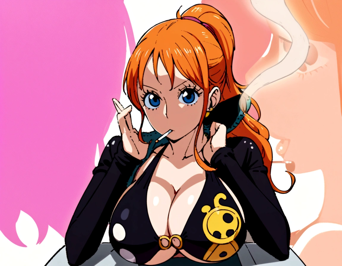 a cartoon picture of a woman in a bikini top and jeans, nami one piece, nami from one piece, nami, beautiful portrait of nami, from one piece, oppai, blue eyes, smoking, ponytail