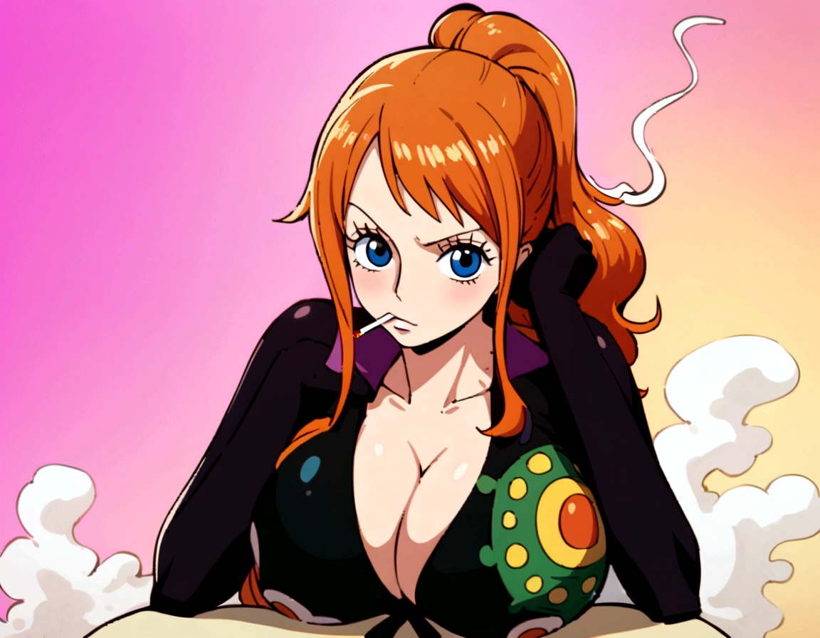 a cartoon picture of a woman in a bikini top and jeans, nami one piece, nami from one piece, nami, beautiful portrait of nami, from one piece, oppai, blue eyes, smoking, ponytail