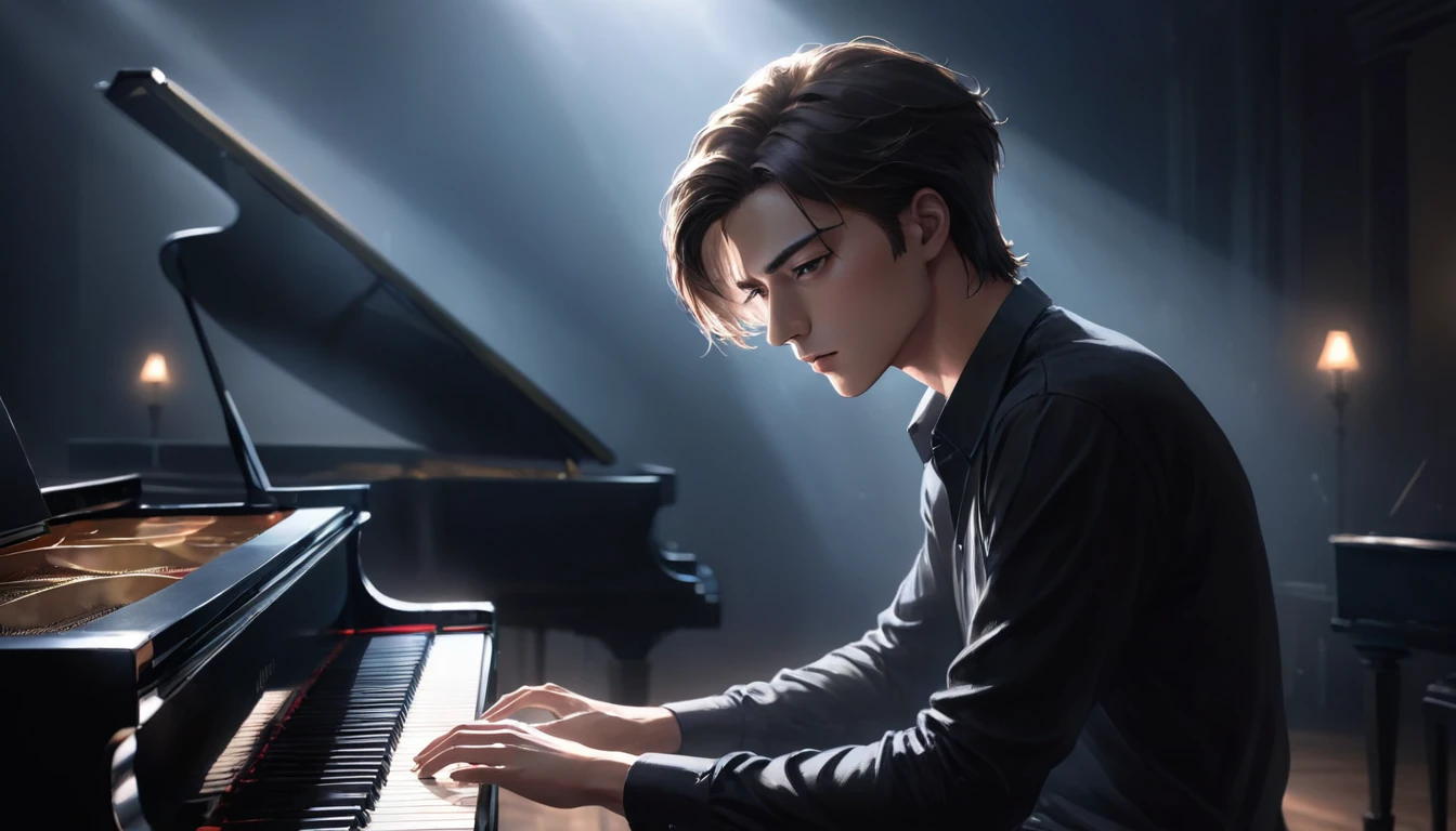 Capture a handsome young man playing a grand piano in a dark, moody setting. He is dressed stylishly, perhaps in a black shirt and jeans, with his hair neatly styled. The lighting is minimal, focusing soft, dramatic beams on the piano and the musician, creating stark contrasts and deep shadows. The rest of the room is enveloped in darkness, adding to the mysterious and intense atmosphere. The expression on his face should reflect deep concentration and emotion, drawing the viewer into the haunting beauty of the scene."