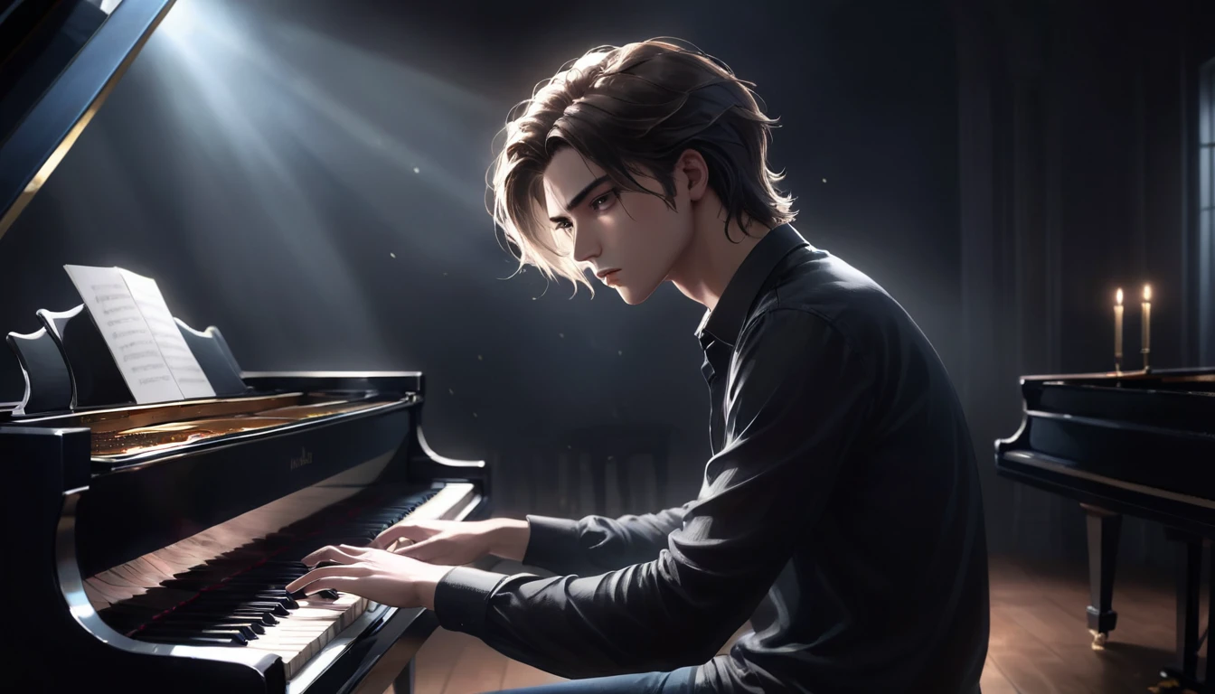 Capture a handsome young man playing a grand piano in a dark, moody setting. He is dressed stylishly, perhaps in a black shirt and jeans, with his hair neatly styled. The lighting is minimal, focusing soft, dramatic beams on the piano and the musician, creating stark contrasts and deep shadows. The rest of the room is enveloped in darkness, adding to the mysterious and intense atmosphere. The expression on his face should reflect deep concentration and emotion, drawing the viewer into the haunting beauty of the scene."