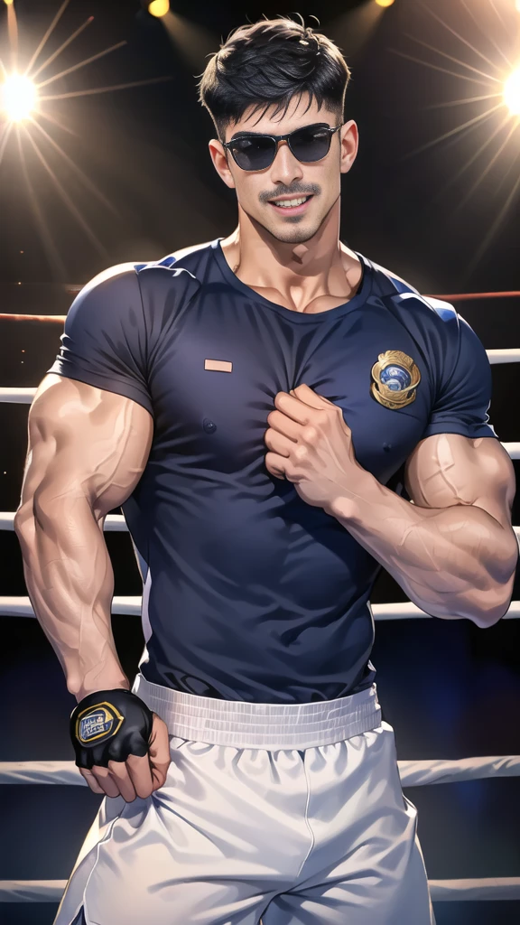 (handsome Man),(Thin mustache:1.1),(crew cut short hair:1.5),black eye,
(navy blue tight-fitting round neck short sleeve T-shirt:1.3),(Police badge:1.3),navy blue cargo pants,(navy_gloves:1,3),(navy_backpack:1.3),(sunglasses:1.3),
Korean guy,chest muscles,large arm muscles,blood vessel,Big muscles,Broad shoulders,(open mouth:1.2),(face up:1.2),(open eyes:1.5),middle of the road,smile,(boxing ring:1.4),