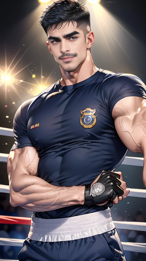 (handsome Man),(Thin mustache:1.1),(crew cut short hair:1.5),black eye,
(navy blue tight-fitting round neck short sleeve T-shirt:1.3),(Police badge:1.3),navy blue cargo pants,(navy_gloves:1,3),(navy_backpack:1.3),(sunglasses:1.3),
Korean guy,chest muscles,large arm muscles,blood vessel,Big muscles,Broad shoulders,(open mouth:1.2),(face up:1.2),(open eyes:1.5),middle of the road,smile,(boxing ring:1.4),