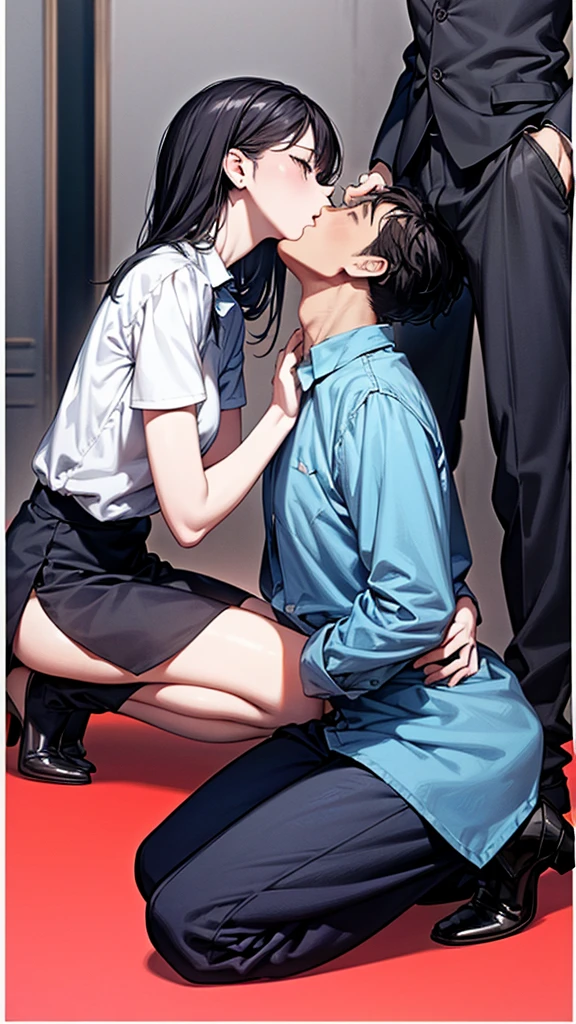 Blowjob、Lower body of man in front of female face、A woman is sitting sideways、On my knees、Kneeling posture、
