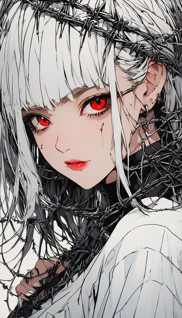 Beautiful young white-haired girl with piercing red eyes, half smile with full lips, black nails, barbed wires everywhere(coiled black barbed wires)