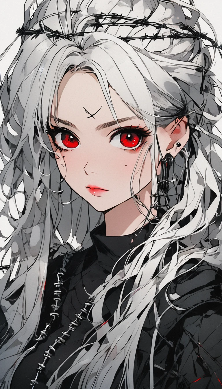 Beautiful young white-haired girl with piercing red eyes, half smile with full lips, black nails, barbed wires everywhere(coiled black barbed wires)