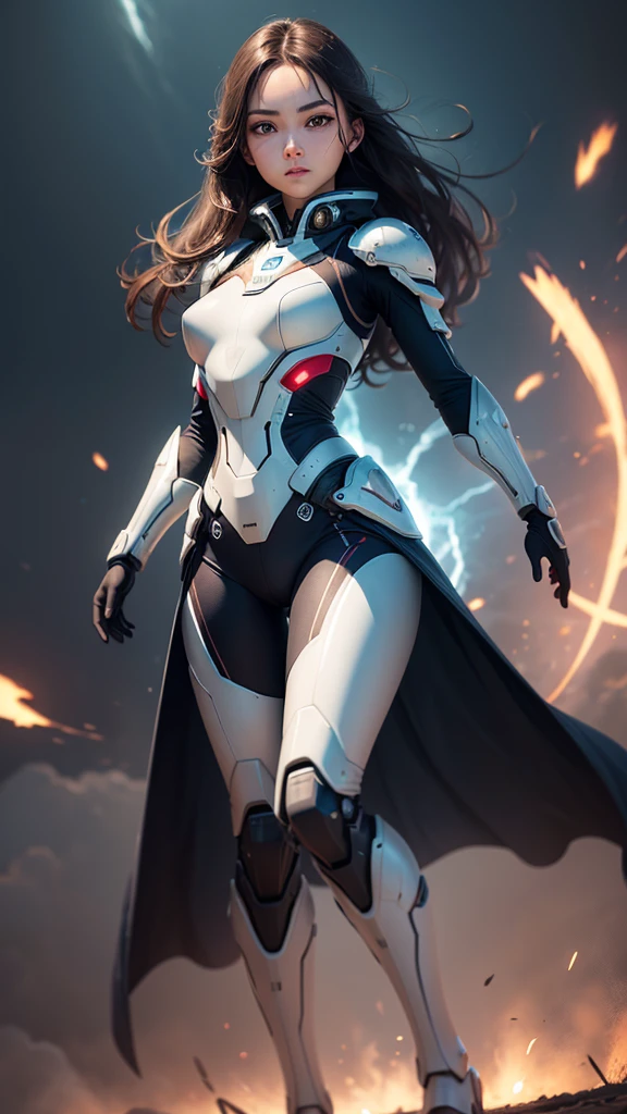 (Perfect Anatomy:1.4,Highest quality、超High resolution、High resolution、Highly detailed CG、8K Unit Wallpaper),((Biologically correct limb count))、(Symmetrical facial features))、Eyes with detailed description、Beautiful woman、Excellent style、(thin)、Facial detailing,masterpiece、Vibrant, Imaginary image of a girl in a mecha suit, ((Fly gracefully across the battlefield of the future)). The girl is full of energy, Bright colors contrast with muted hues, The mechanical beauty of the suit. The suit&#39;s vibrant colors and intricate details、Sophisticated, Mecha futuristic design.