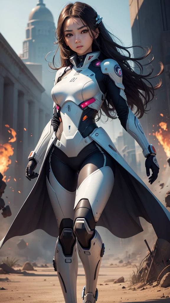 (Perfect Anatomy:1.4,Highest quality、超High resolution、High resolution、Highly detailed CG、8K Unit Wallpaper),((Biologically correct limb count))、(Symmetrical facial features))、Eyes with detailed description、Beautiful woman、Excellent style、(thin)、Facial detailing,masterpiece、Vibrant, Imaginary image of a girl in a mecha suit, ((Fly gracefully across the battlefield of the future)). The girl is full of energy, Bright colors contrast with muted hues, The mechanical beauty of the suit. The suit's vibrant colors and intricate details、Sophisticated, Mecha futuristic design.
