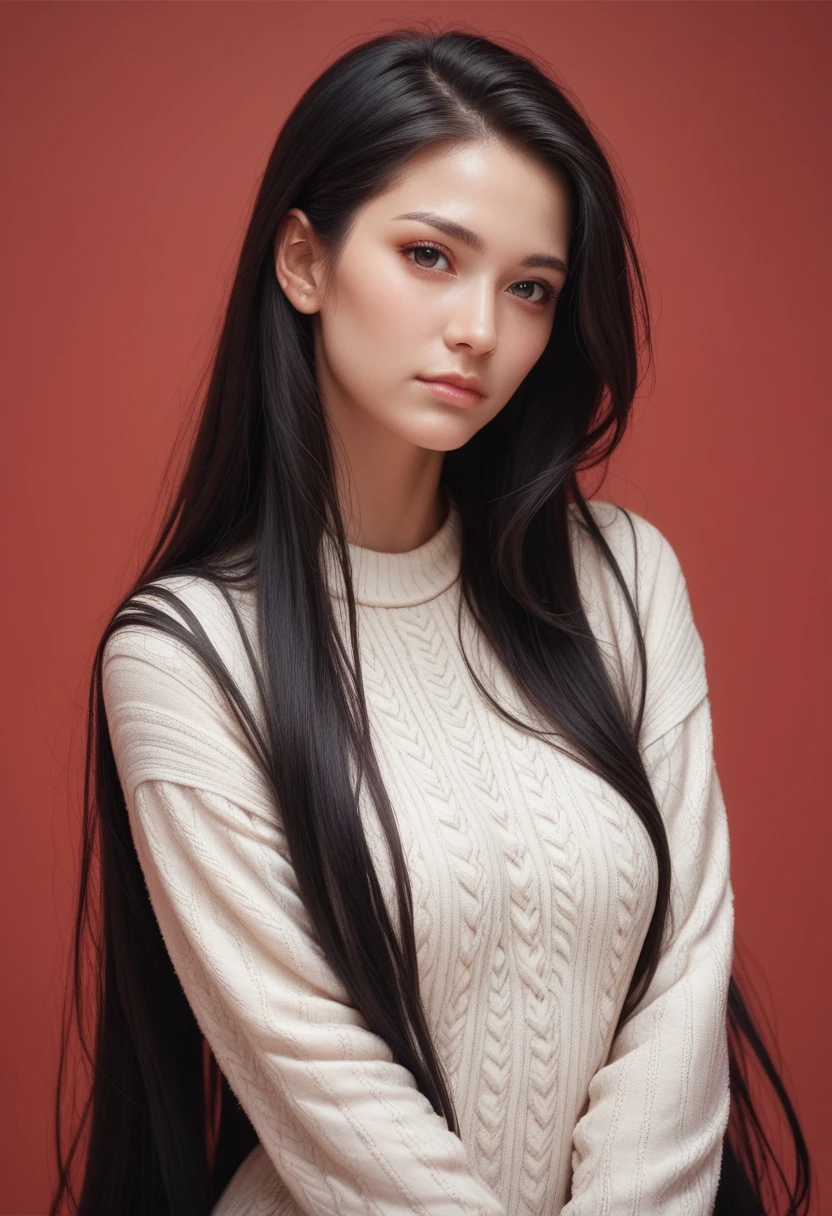 ,score_9,score_8_up,score_7_up, 20 years old, 8k, hd, beautiful girl, black hair, very long hair, straight hair, closed mouth,
1girl, detailed face, beautiful woman's face, sweater, red background, looking at viewer,