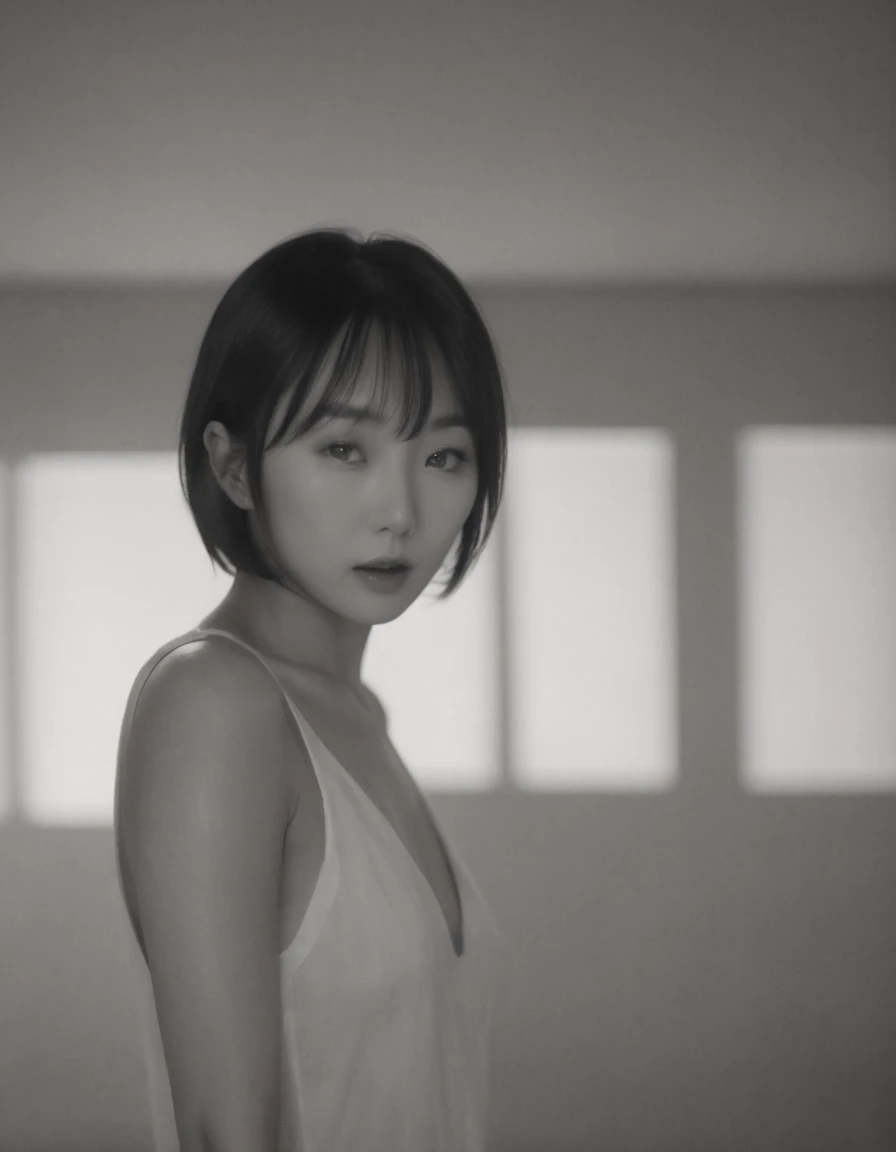 photorealistic, ((Black and White photography:1.6)), ((low-light photography:1.6)), best quality, masterpiece, ((full body view, view from the back :1.3)), ((total nudist:1.3)), skinny beautiful Korea nude actress Bae Doona looking herself in the mirror inside a dirty shabby dark room, ((Bae Doona realistic face:1.8)), ((very beautiful thin face, perfect detailed alluring eyes, very pointy nose, very sexy lips :1.3)), ((very horny face expression, very sensual smile :1.3)), ((look into the mirror:1.3)),  ((pale white skin:1.5)), ((messy short hair:1.3)), ((very skinny body, six-pack abs, very skinny legs :1.3)), ((very very huge breast, areola protruding, very pointy nipples :1.3)), ((spreading legs very wide in front of the mirror:1.3)), ((exposing vagina and very dense pubic hair on the mirror:1.5)), ((very very dense pubic hair:1.5)), ((very very thick pubic hair:1.5)), ((very wide open vagina hole:1.3)), ((perfect body anatomy:1.3)), ((sensual dynamic pose:1.3)), (background is (a mirror inside a dirty shabby dark room:1.3)), ((the mirror shows the reflection of Bae Doona's naked body:1.8)), sensual photo of Bae Doona nudist erotically in front of a mirror in Black and White film color, ((dark lighting, lens flare, sharp focus :1.3)), photography concept of cheap Asian comfort girl, editorial erotic model photography, Playboy magazine editorial photo, fine art nude photography, 90's nude photography, award winning nude photography