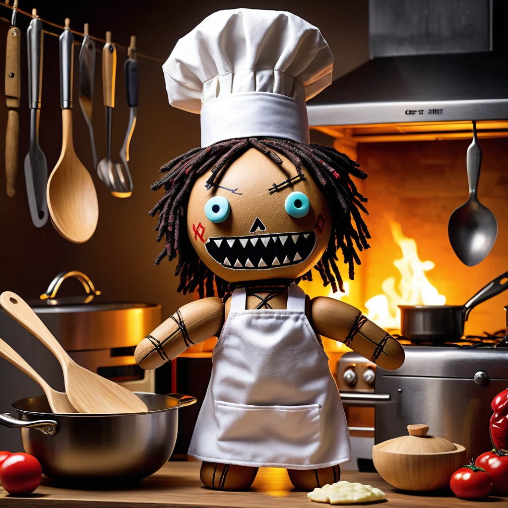 (knitted toy voodoo doll:1.7), (Voodoo in the Kitchen:1.3), (Clothing: apron with kitchen utensils design, casual wear underneath:1.0), (Accessories: wooden spoon, mixing bowl, chef hat:1.2), (background: home kitchen with stove, fridge, and countertops filled with ingredients and cooking tools:1.2),  best quality, masterpiece, detailed soft oil painting, detailed background, dramatic cinematic lighting, soft edge lighting, professional, dramatic lighting, hard edge lighting, ultra quality, 4k,masterpiece, best quality, 8k, ultra highres, highres, extremely detailed