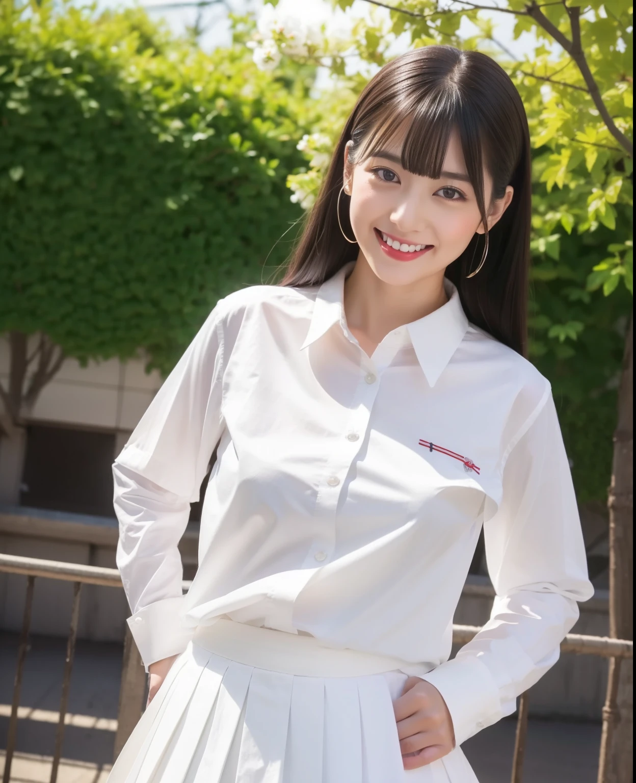 (masterpiece, Highest quality, Realistic, 8K, High resolution,:1,3),1 Japanese female, 20-year-old,Additional details Black eyes, Highly detailed face, Brown Hair, blush, Grin, (Japanese High School Uniform:1.3), (Plain white blouse:1.3),(Plain white cotton shirt :1.5), (Check Pleated Skirt), (Thighs), (View the viewer:1.3),Woman standing next to GTR Destroying Nissan GTR, Cherry tree々Nightcore style in the city surrounded by. 