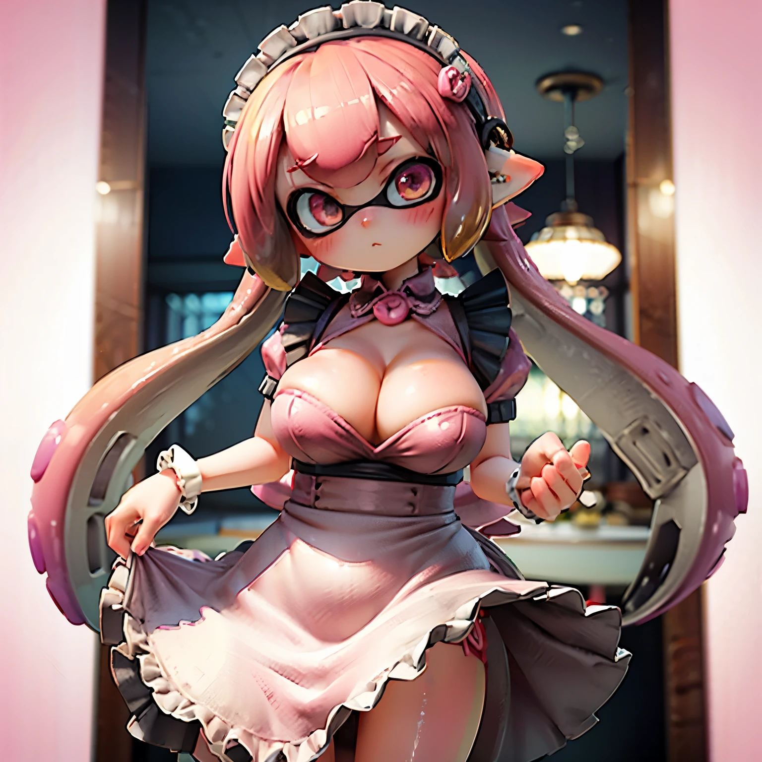 masterpiece、Highest quality、High resolution、Inside the cute cafe、Real Anime、3d、Splatoon Girl、Big Breasts、Cleavage、((Pink maid outfit))、Lots of cute accessories、((blush))、Golden Eyes、Micro kirt Lift、Lift up your skirt、panties