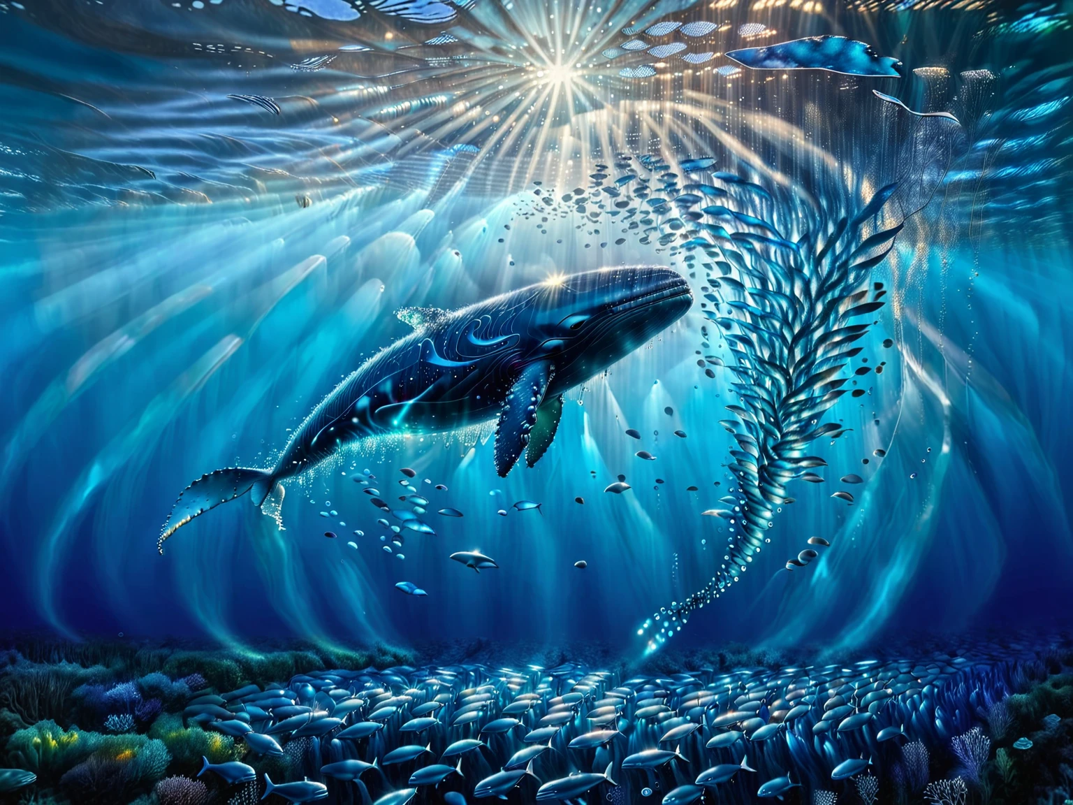 It depicts an underwater scene of a large whale surrounded by a school of small fish.。The whale is positioned vertically into the water.、The tail is at the bottom of the image、Head facing up towards the water surface。The surrounding water is colored in various tones of blue.、It gives a sense of depth and serenity.。I see a ray of light from above、Water surface is nearby