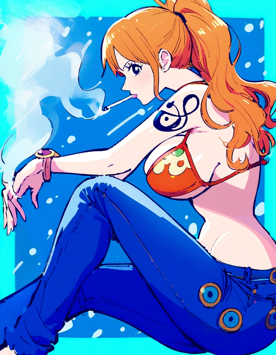 a cartoon picture of a woman in a bikini top and jeans, nami one piece, nami from one piece, nami, beautiful portrait of nami, from one piece, oppai, blue eyes, smoking, ponytail