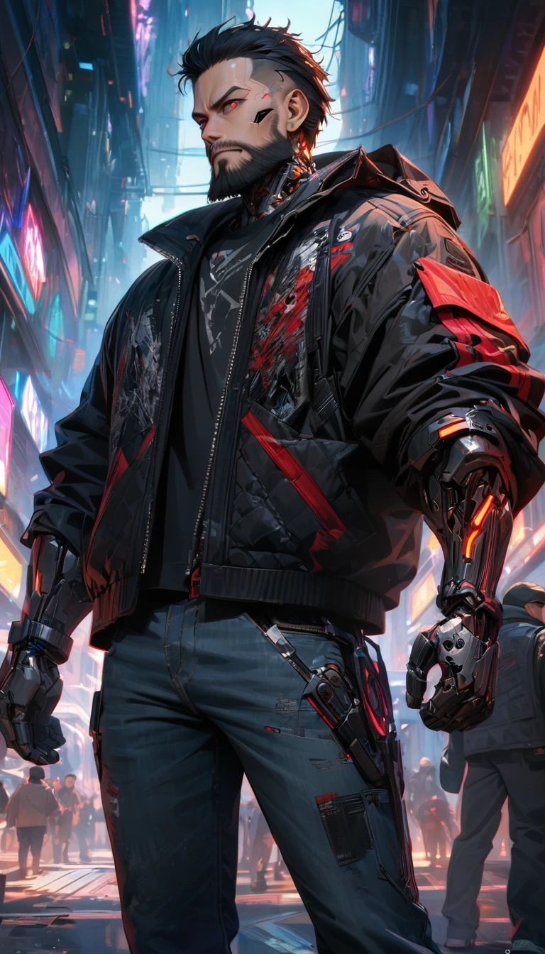 Adult guy, short black hair, red eyes, beard, cyberpunk black jacket, jeans, cyborg arms, dwarf guy, Masterpiece, best quality, Full HD, 8k, ultra details, great graphic