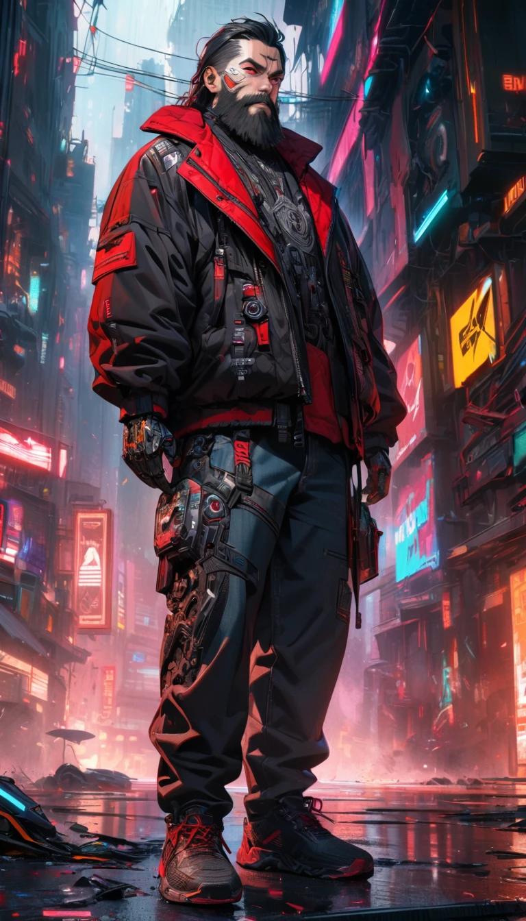 Adult guy, short black hair, red eyes, beard, cyberpunk black jacket, jeans, cyborg arms, dwarf guy, Masterpiece, best quality, Full HD, 8k, ultra details, great graphic