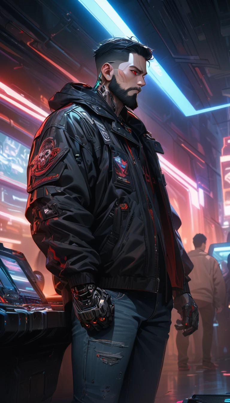 Adult guy, short black hair, red eyes, beard, cyberpunk black jacket, jeans, cyborg arms, dwarf guy, Masterpiece, best quality, Full HD, 8k, ultra details, great graphic