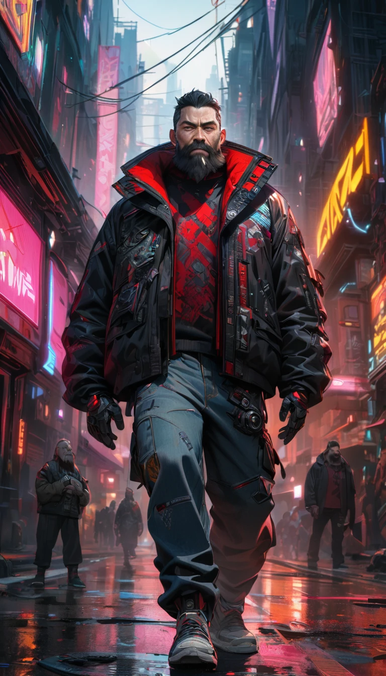 Adult guy, short black hair, red eyes, beard, cyberpunk black jacket, jeans, cyborg arms, dwarf guy, Masterpiece, best quality, Full HD, 8k, ultra details, great graphic