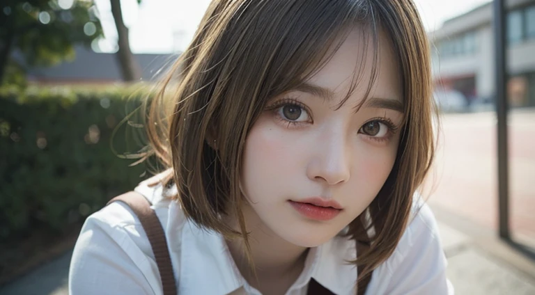 (Bob Cut Hair, Blonde Hair:1.2),(Wearing school uniform:1.2),1 girl,Japanese,21 years old,(Small breasts:1.3),(Highest quality,masterpiece:1.3,超A high resolution,),(Ultra-detailed,Caustics),(Photorealistic:1.4,RAW shooting,)Ultra-Realistic Capture,Very detailed,High resolution 16K human skin close-up。 Natural skin texture、,Pores、、It needs to be detailed enough to be easily identifiable。 Skin should be even-toned and healthy looking。 Use natural light and colour, Sad expression, Looking at the camera, Perfect dynamic composition, Outdoor