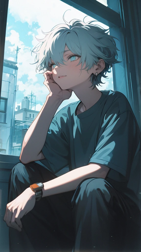 Beautiful young man, looking out the window at night, high quality, amount of drawing, pixiv illustration, piano,