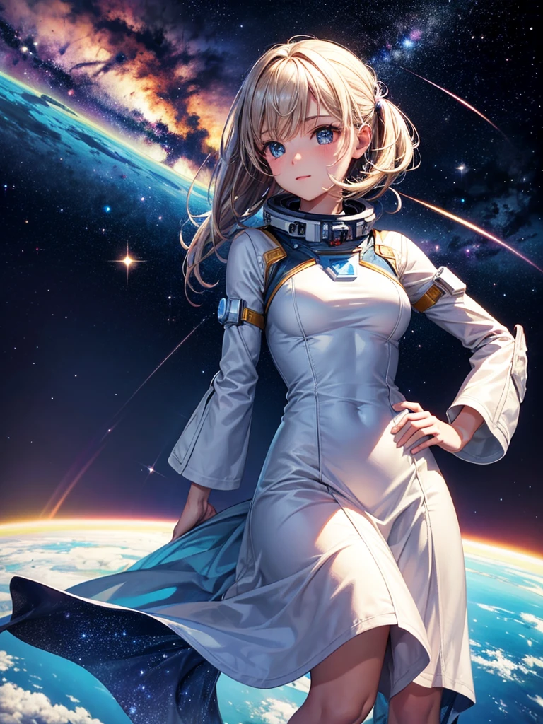 Highest quality,Highest Resolution,A beautiful girl from the future in space,Earth in the background,Milky Way,