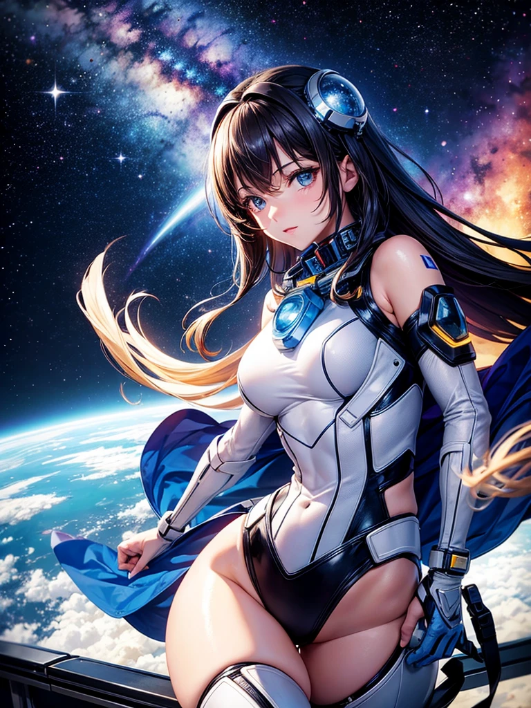 Highest quality,Highest Resolution,A beautiful girl from the future in space,Earth in the background,Milky Way,