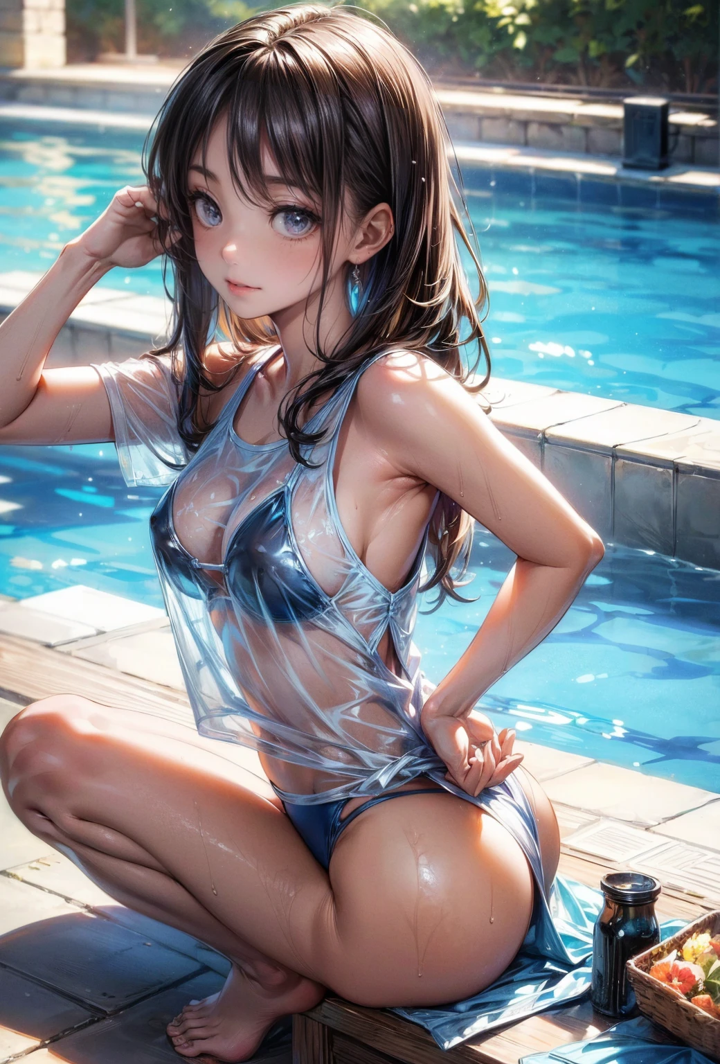 (masterpiece, Highest quality, Super detailed:1.3), Perfect composition, 4K, (Very detailed, Super detailed), Blue competitive swimsuit, Simple high-leg swimsuit、High resolution, 8k Texture, Attention to detail, Very detailed肌の質感, Magnificent details, High Sharpness, One girl, (Fine grain:1.3), Many layers of eyes、(25-year-old woman:1.3), (skinny), (Big Breasts), Outdoor swimming pool side,smile、A pleasant looking face、Toned body、Shot from the back、turn around、Nipple swelling、Wear a white t-shirt over your swimsuit、A wet, see-through T-shirt、Wet Skin、Stretching exercise with arms extended、Sandals、Beautiful feet
