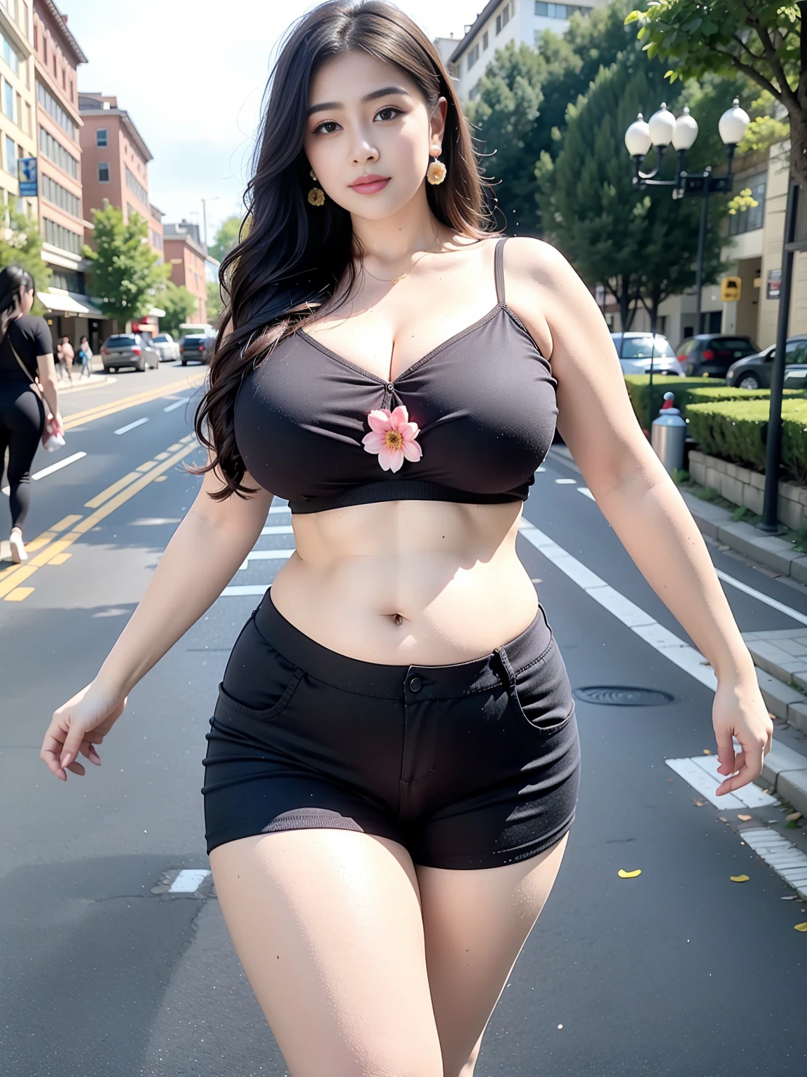 ((best quality)), ((masterpiece)), (detailed), perfect face, araffe woman in a longest dark-blue indian clothes with and thight blue indian short pants walking down a street, thicc, she has a jiggly fat round belly, bbwchan, wearing tight simple clothes, skinny waist and thick hips, widest hips, her belly is fat and round, soft curvy shape, hyperrealistic full figure, wearing a cute top, wide hips, Tattoo flowers on the skin of the thighs, fat thighs, chubby massive thighs