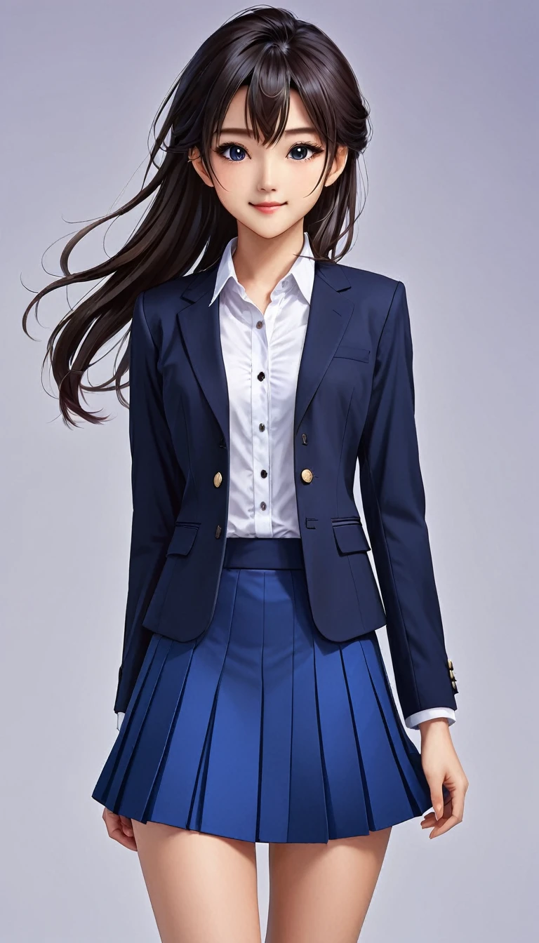 ((Highest quality)), ((masterpiece)), (detailed), (((Perfect Face))), ((A slim 16-year-old girl)), (((A girl wearing a short, tight navy blue jacket, White button-up shirt))), (((Dark blue pleated skirt))), ((Black Hair)), ((Black slanted eyes)), ((ponytail)), (((Are thin))),(((A shy smile))), ((Thin thighs)), ((Thin Hips)), (((girl looking away))), (((Teenage students in suits))), (((Empty Collar))), (((Bare thighs))), (((Wear sneakers)))、{{{Back view}}}, (((Flip up the skirt)))、(((Showing panties)))、(((Turn your butt))),(((Body pillow))), (((Tuck up your shirt))),(((Showing off your bra))),