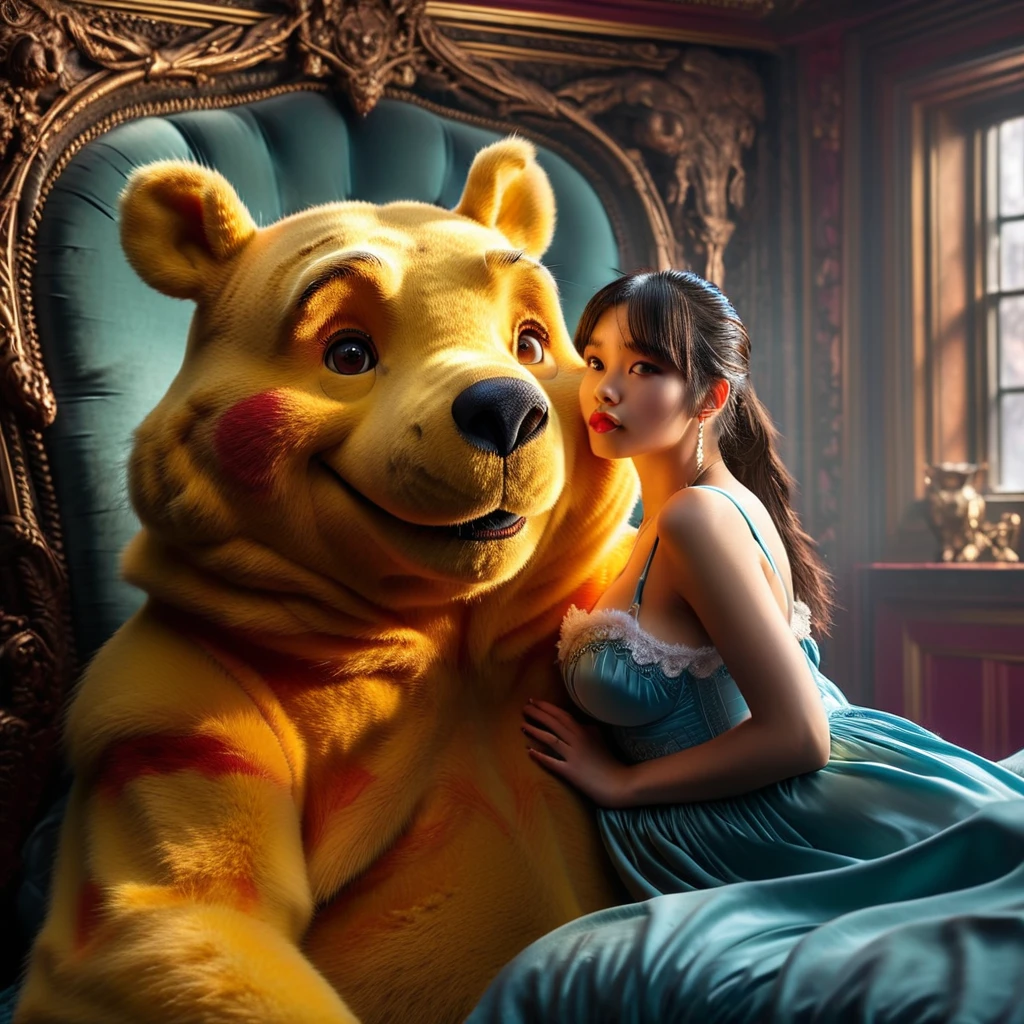 (masterpiece, 8K, UHD, RAW), A girl kissing a evil winnie the pooh in bed, (((a beautiful young woman riding on top of one huge horrific winnie the pooh))), (she rides the male winnie the pooh with lustful femininity), her beautiful body is covered by a sheer translucent white lace bra with Art Nouveau embroidery, big sexyky breasts, her pristine delicate features contrasts with the horrendous menacing fangs of the corrupted male winnie the pooh, full body vibrant illustrations, intricately sculpted, realistic hyper-detailed portraits, queencore, depicts real life, the scene happens in a luxurious Art Nouveau boudoir with studio illumination, red and teal silk satin
