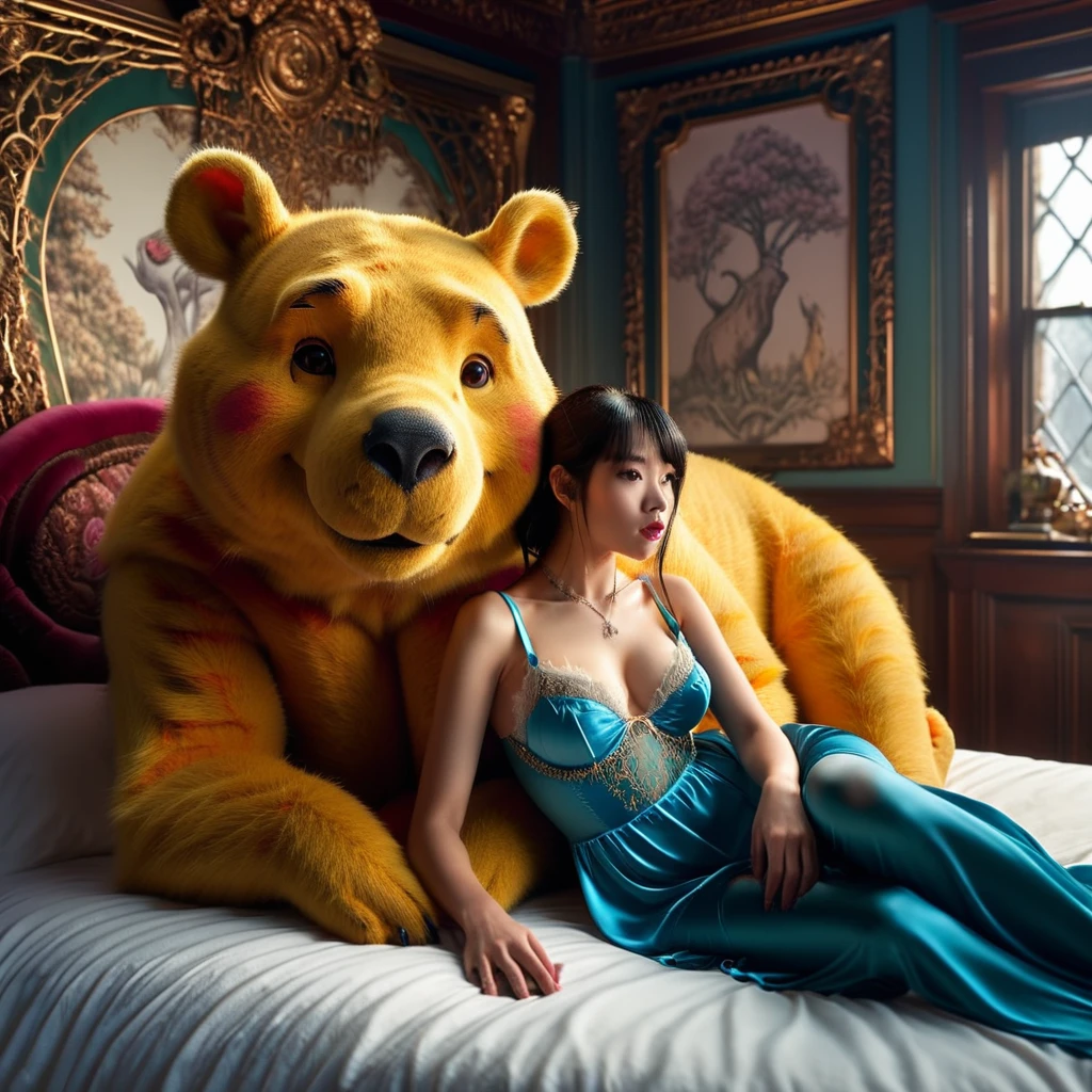 (masterpiece, 8K, UHD, RAW), A sexy girl kissing a evil winnie the pooh in bed, (((a beautiful young woman riding on top of one huge horrific winnie the pooh))), (she rides the male winnie the pooh with lustful femininity), her beautiful body is covered by a sheer translucent white lace bra with Art Nouveau embroidery, big sexy perky breasts, her pristine delicate features contrasts with the horrendous menacing fangs of the corrupted male winnie the pooh, full body vibrant illustrations, intricately sculpted, realistic hyper-detailed portraits, queencore, depicts real life, the scene happens in a luxurious Art Nouveau boudoir with studio illumination, red and teal silk satin