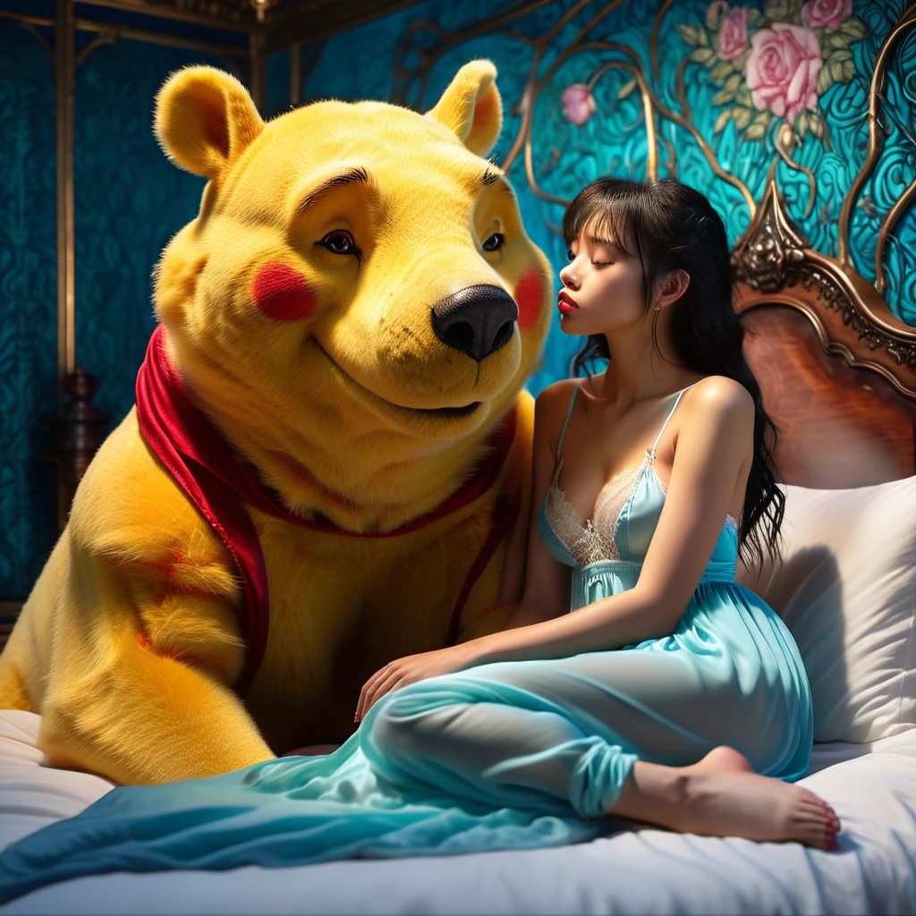 (masterpiece, 8K, UHD, RAW), A sexy girl kissing a evil winnie the pooh in bed, (((a beautiful young woman riding on top of one huge horrific winnie the pooh))), (she rides the male winnie the pooh with lustful femininity), her beautiful body is covered by a sheer translucent white lace bra with Art Nouveau embroidery, big sexy perky breasts, her pristine delicate features contrasts with the horrendous menacing fangs of the corrupted male winnie the pooh, full body vibrant illustrations, intricately sculpted, realistic hyper-detailed portraits, queencore, depicts real life, the scene happens in a luxurious Art Nouveau boudoir with studio illumination, red and teal silk satin