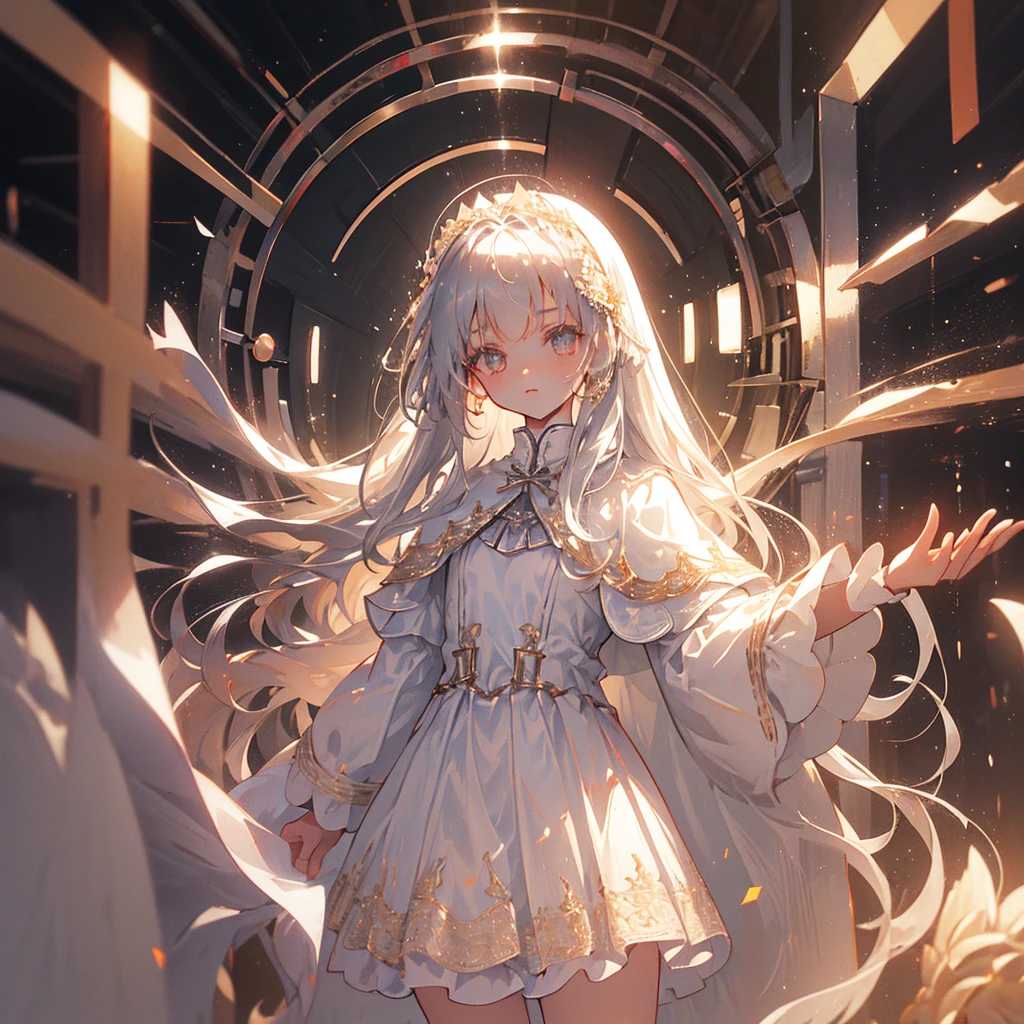 8K, (Tabletop), (High resolution), (dramatic), (Natural light), (small), 1 Girl, young, Baby Face, Flat Chest, , Gray Hair, Long Hair, (Straight Hair Skin)), Beautiful Hair, White clothes, dress, Long bangs, ((Cape)), White Skirt, (uniform)