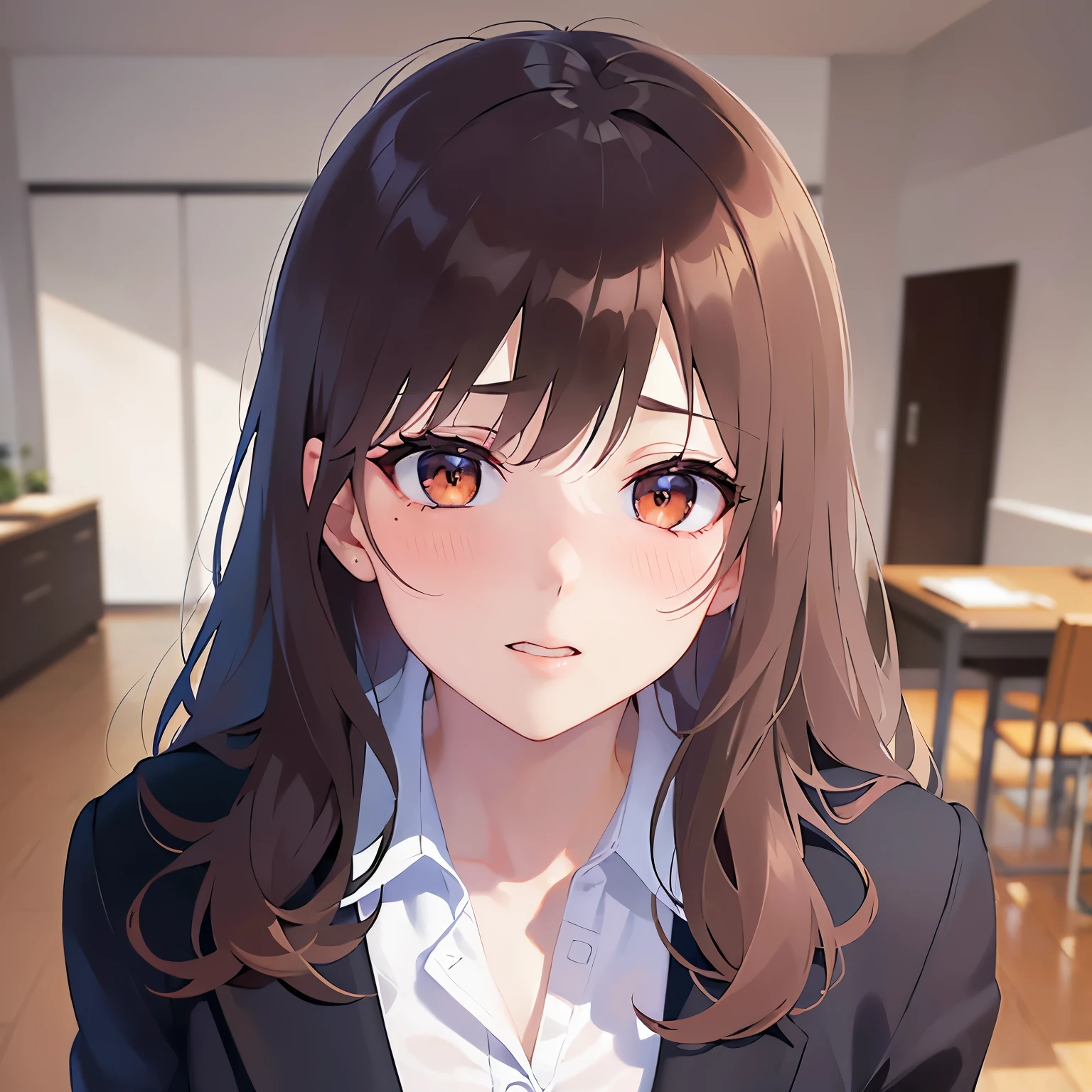 looking up,angle from the front,Upper Body, Realistic, real person, (pale skin: 1.2), RAW photo, photorealistic, shiny skin, shiny hair、 (A 35-year-old woman with medium-length hair and bangs) and (wavy hair) and (brown hair) and (Orange Eyes),(blush shy:1.5)、 (Wearing a business suit:1.5) and (Wearing a white collared shirt)、,The background is the living room、Alone、Are standing、Wearing a black jacket