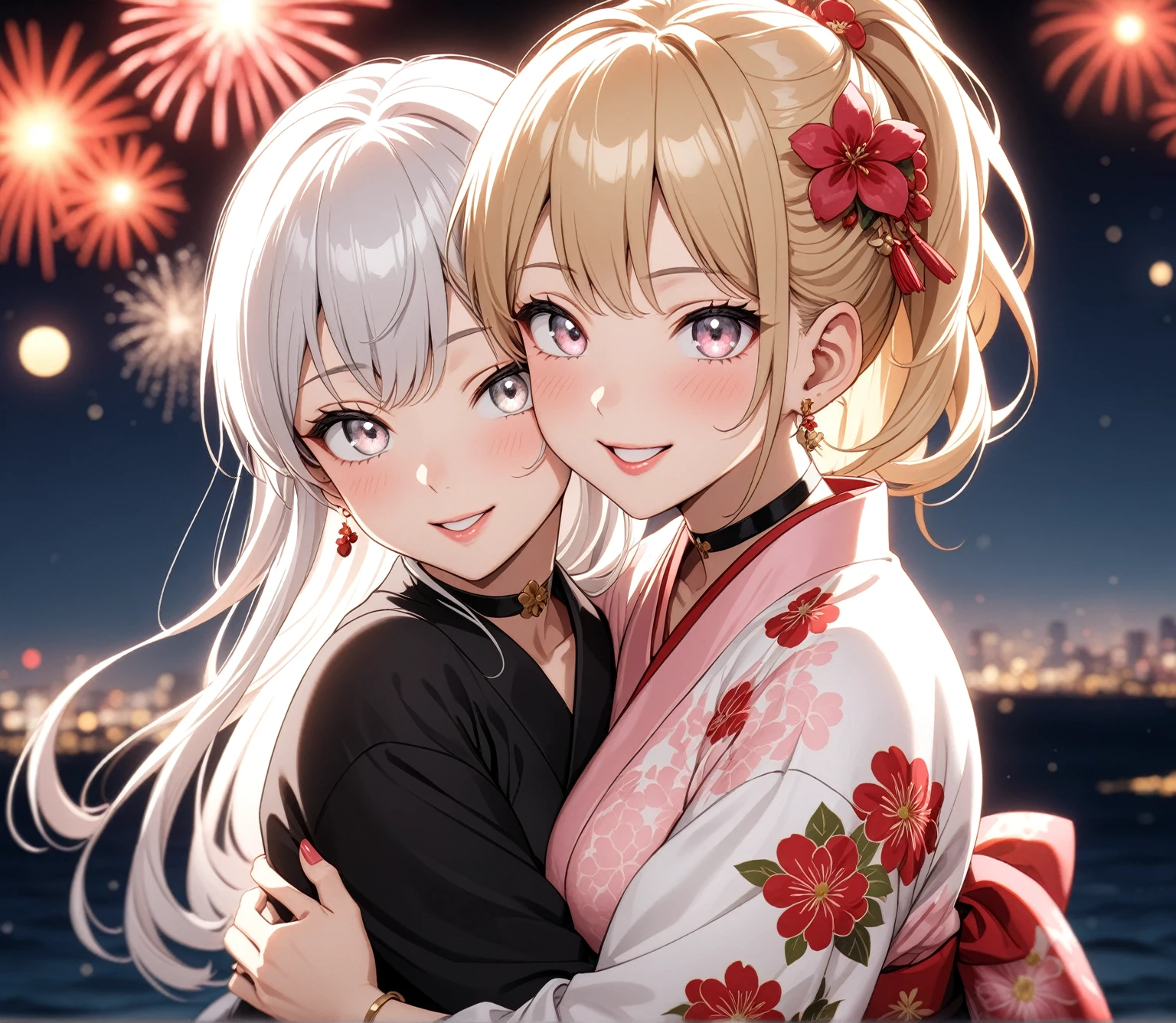 ((Two Women)), Beautiful Face, (Laughing embarrassedly), ((laugh)), ((Wink:1.8)), ((waving at viewer:1.3), Laugh with your mouth wide open,((Bright red cheeks:1.4)),Shiny red lips, night,横浜のnight景,You can see the ocean, firework,,Glossy pink lips,Facial lighting,((Anime style background)),masterpiece, Highest quality, so beautiful,up to date, Complex details, (4fingers and 1thumbs), (Pink long nails),  (ring),(bracelet),(choker),AI-generated, Complex,High resolution, Highest quality, super high quality,3D Images、3D Images,One person,Long white hair,Blonde Hair, High Ponytail,(blue eyes),Anime woman posing for a photo, ((Fine grain、Silvery white eyes、Shining Eyes:1.4)),(Squint your eyes:1.1),a hyperRealistic , hyperRealistic , Realistic,Anime woman with long white hair, Smooth anime CG art, A woman in a colorful kimono with gold embroidery, (Black long sleeve kimono),(Pink long sleeve kimono), Red floral pattern,Long flower hair ornament,Earrings,Mature Body,(Big Breasts:1.1),Tall,Abdominal muscles,Narrow waist,(Zoom up to face), ((hug from behind)),