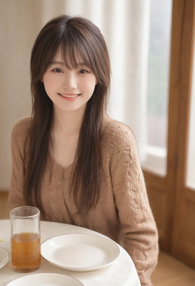 (Highest quality,8K quality,masterpiece:1.3),(Ultra-high resolution,Realistic:1.4,Live Shooting),(Very detailed,Caustics),(Ultra-Realistic Capture,(((dinner))),Beautiful and detailed skin),19 years old,Beautiful Japanese, Medium Hair, Asymmetrical bangs, Brown Hair, I'm looking at the camera with a smile on my face,Soft Light,A ray of light shining from above,Natural light，((Knitted dress))，(((One female))),Night view,French cuisine